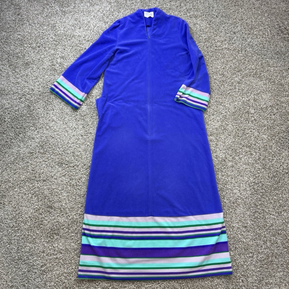 VTG 60s 70s Vanity Fair Womens 14 Blue Purple Velour Maxi Robe Striped Zip